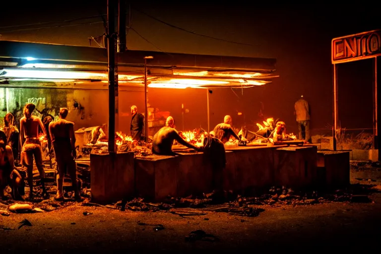 Image similar to post apocalyptic dinner being used as a shelter, dystopian, fire, people huddled, night, neon sign, rust