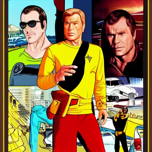 Image similar to captain kirk like a GTA poster