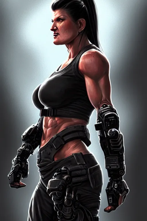 Image similar to gina carano as an ork with cybernetic left arm, casual black clothing, muscular, realistic proportions, casual pose, large portrait, sci - fi, shadowrun, rpg character, digital painting, artstation, concept art, smooth, 8 k frostbite 3 engine, ultra detailed, art by artgerm and greg rutkowski and magali villeneuve