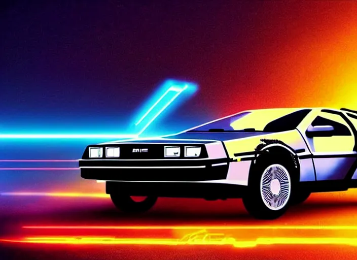 Image similar to back to the future, delorean, knight rider, daft punk, movie picture, synthwave style, tron legacy style