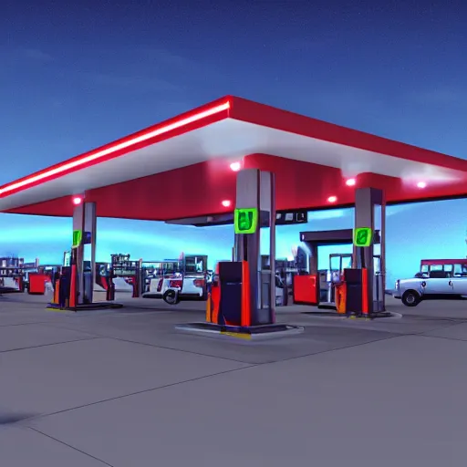Image similar to a gas station at nighttime, screenshot, extreme long shot, cold lighting, Vaporware style