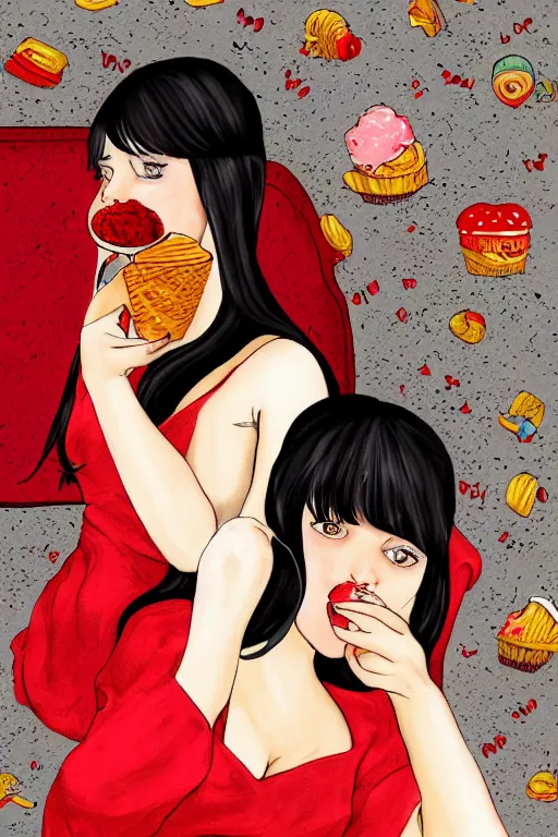 Prompt: cute girl in red dress with black hair and large beautiful eyes consuming ice cream in her bed, digital art