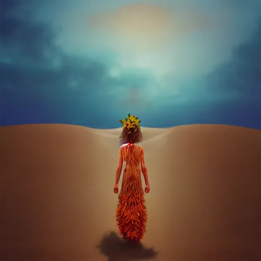 Prompt: closeup giant dahlia flower crown head, a girl walking between dunes, surreal photography, sunrise, blue sky, dramatic light, impressionist painting, digital painting, artstation, simon stalenhag