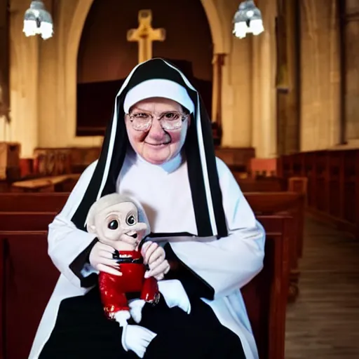 Image similar to a nun in church holding chucky the killer doll on her lap