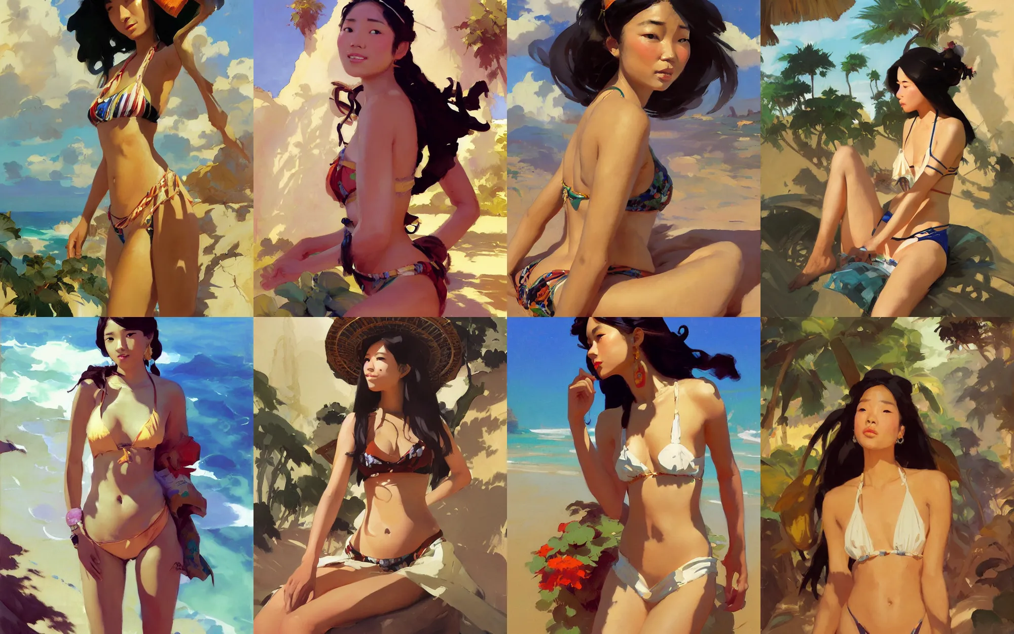 Prompt: portrait of vintage hippie bikini asian african girl traveler greg manchess painting by sargent and leyendecker, studio ghibli, fantasy, medium shot, asymmetrical, intricate, elegant, matte painting, illustration, hearthstone, by greg rutkowski, by greg tocchini, by james gilleard, by joe fenton