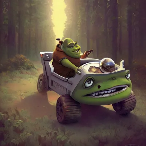 Prompt: shrek travels to the moon in a car, highly detailed, digital painting, artstation, concept art, smooth, sharp focus, illustration, art by artgerm and greg rutkowski and alphonse mucha