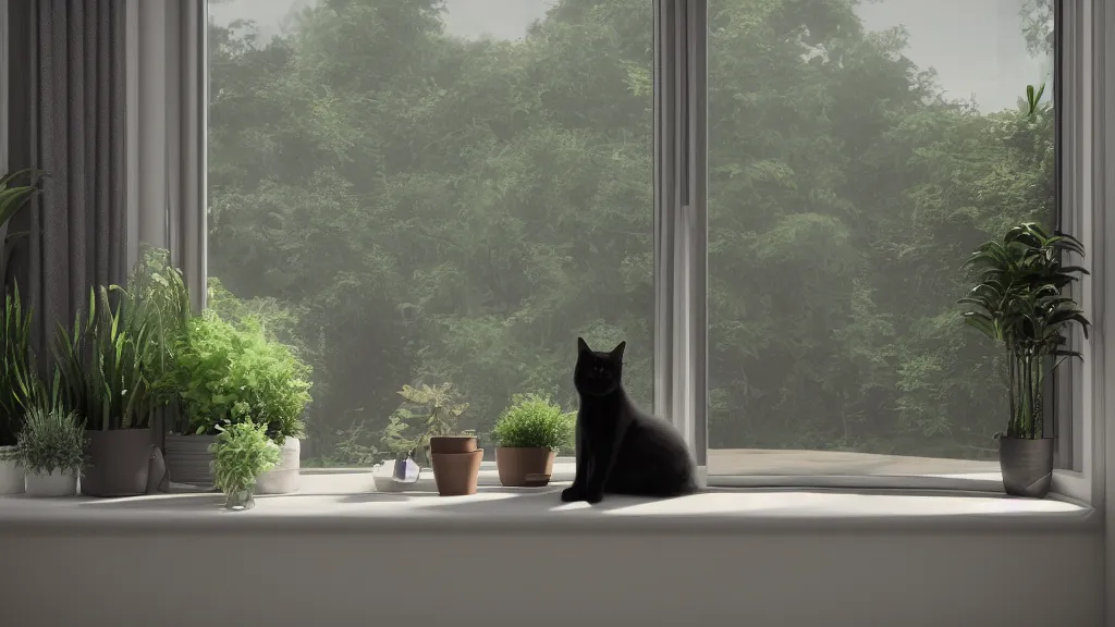 Prompt: peaceful dreamy matte painting of a content black cat sitting by a window and looking outside, sunshine coming through the window, small plants on the window sill, 8k, hyper realism, trending on artstation, octane render