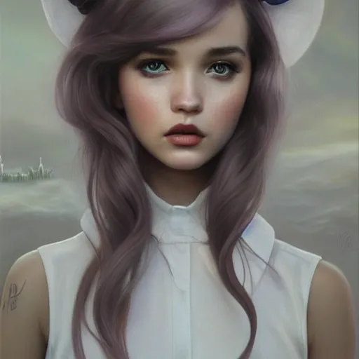 Image similar to tom bagshaw, very beautiful genetic mix of dove cameron madison beer bella poarch in a sailor suit, randomly lustrous colored hair, professionally retouched, focus eyes, ultra realistic soft painting, insanely detailed linework, symmetrical accurate intricate features, behance artstation, 8 k, no artifacts signatures