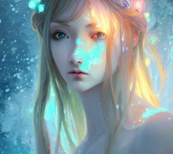 Image similar to beautiful ancient pastel frost witch, fire in eye, snow glow, pool party, highly detailed, digital painting, artstation, sharp focus, illustration, art by tan zi and ayanamikodon and alphonse mucha and wlop