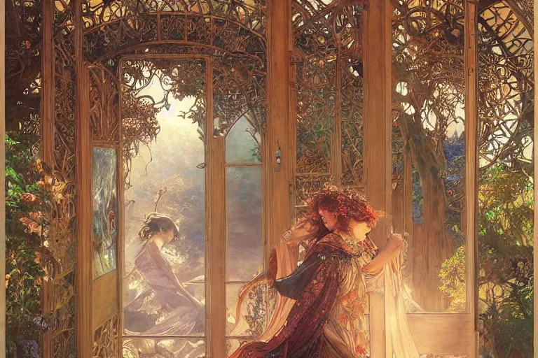 Prompt: large rustic intricately decorated wooden double door, metal handles, a view to a fantasy world, ethereal back light, mist, coherent composition, fantasy painting by noriyoshi ohrai, yuumei, alphonse mucha