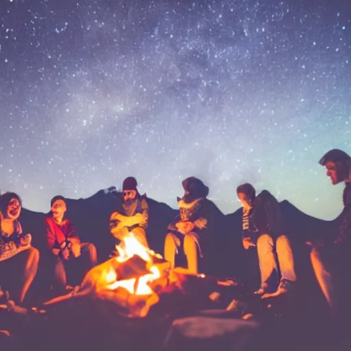 Image similar to A group of friends sit around a campfire, telling stories and laughing, the flames crackling and the stars shining bright overhead, as they enjoy each other's company on a clear night.