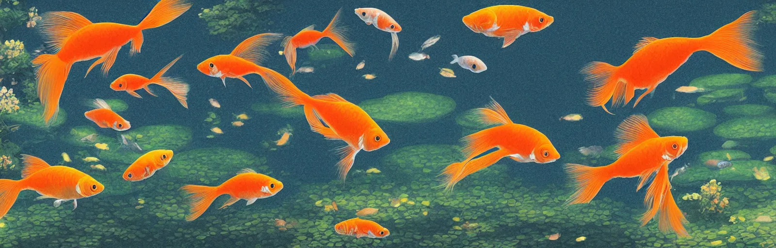 Prompt: An aesthetically pleasing, dynamic, energetic, lively, well-designed digital art of goldfish in a pond viewed from underwater, by Akita Toriyama and Ohara Koson and Thomas Kinkade, Traditional Japanese colors, superior quality, masterpiece, excellent use of negative space. 8K, superior detail, widescreen.