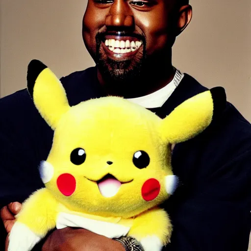 Image similar to kanye west smiling holding pikachu for a 1 9 9 0 s sitcom tv show, studio photograph, portrait c 1 2. 0