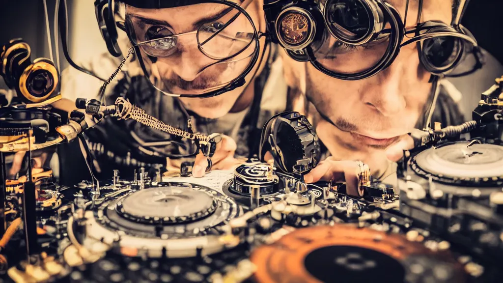 Image similar to a person wearing goggles and visor and headphones using a steampunk record player contraption, wires and tubes, turntablism dj scratching, intricate planetary gears, complex, cinematic, imax, sharp focus, iridescent