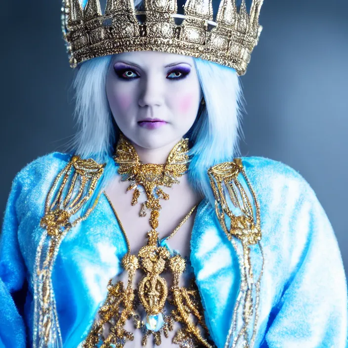 Image similar to full body photograph of of an ice queen with ornate robes, extremely detailed. dslr. 8 5 mm.