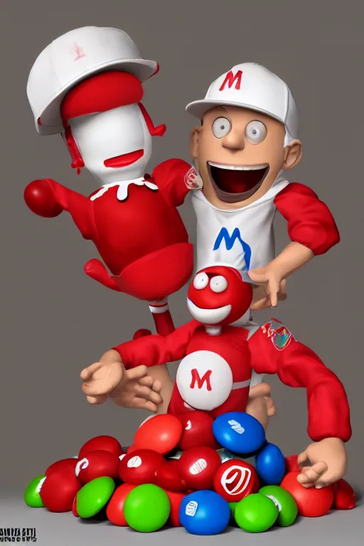 Image similar to a single red m & m candy with white arms and legs, a red sphere wearing a white baseball cap, eminem as the red m character standing on a floor covered with m & m candies, m & m candy dispenser!!!, m & m plush, unreal engine, studio lighting, unreal engine, volumetric lighting, artstation, cosplay, by hans bellmer