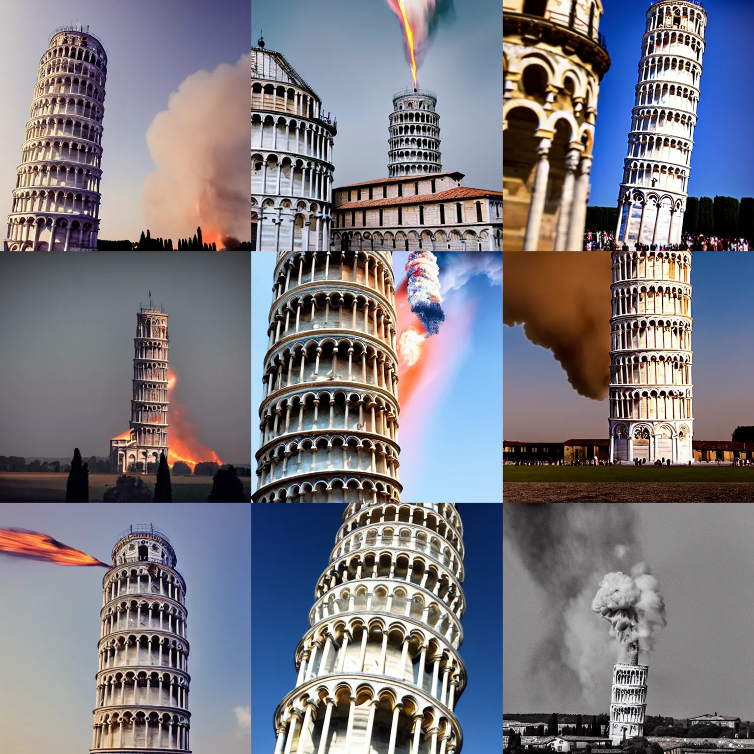 Prompt: Leaning tower of Pisa flying through space, fire and smoke coming out of the bottom