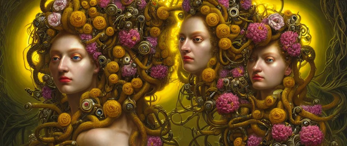 Prompt: hyperrealistic hyper detailed neo-surreal 35mm portrait of rococo cyborg medusa with multiple heads covered in flowers matte painting concept art hannah yata dali very dramatic yellow lighting low angle hd 8k sharp shallow depth of field