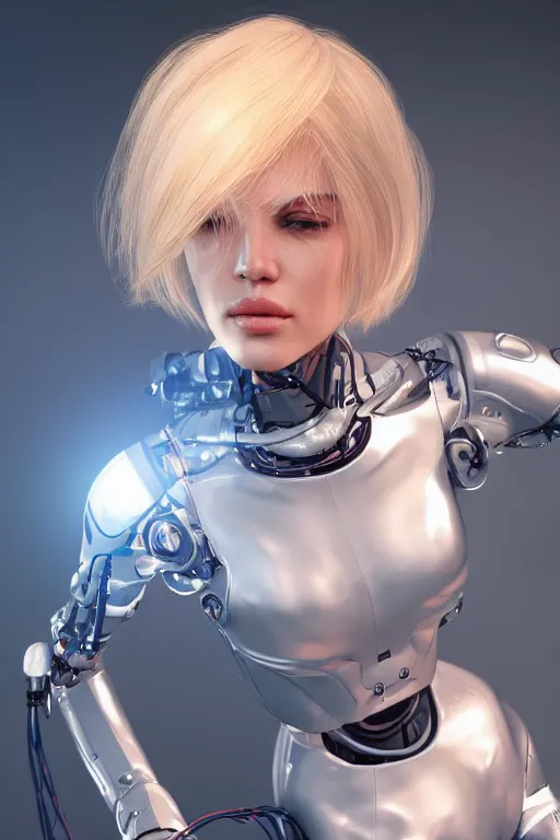 Image similar to a beautiful woman with blonde hair wearing robot suit with wires and light, highly detailed, photorealistic, artstation, smooth