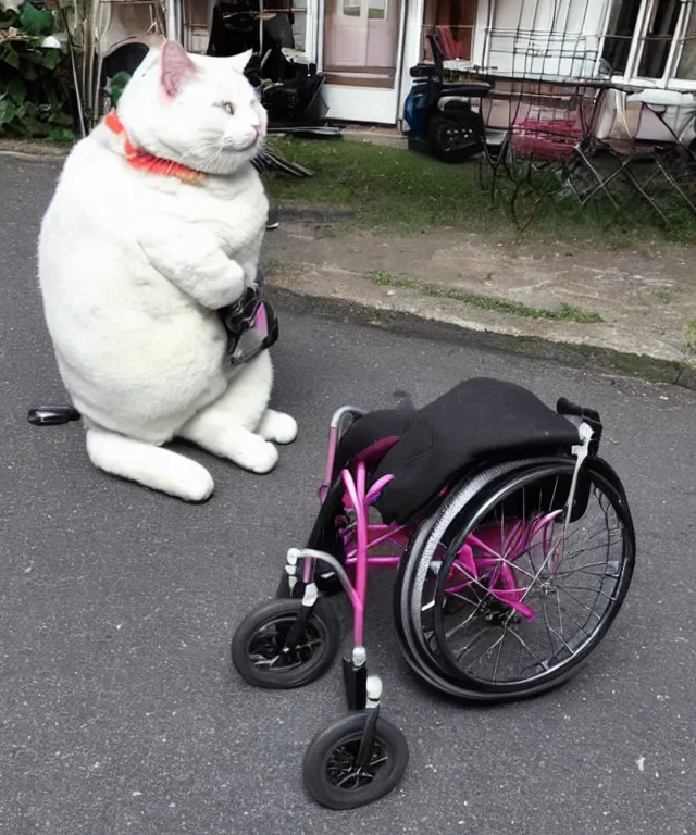 Prompt: fat cat sitting in a wheelchair