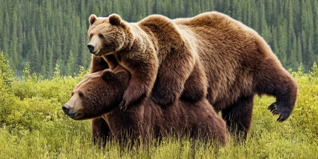 Image similar to a photo of bob ross riding on the back of a brown bear in alaska, outdoor, hyperrealistic, shutterstock contest winner, national geographic photo, stockphoto, majestic