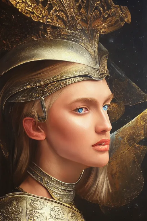 Image similar to hyperrealism oil painting, close - up portrait of european medieval blond fashion model, knight, steel gradient mixed with nebula sky, in style of baroque