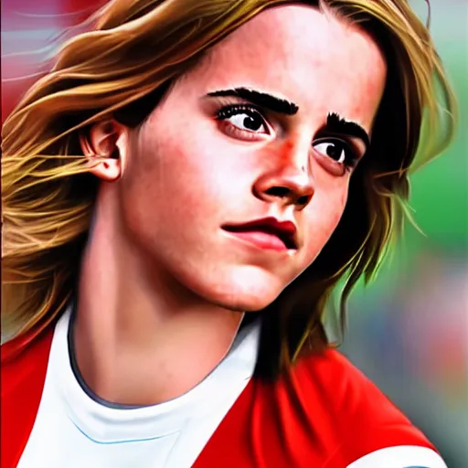 Image similar to emma watson as a lokomotiv football player, portrait, hyper realistic, highly detailed