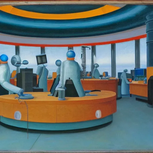 Image similar to robotic scientists in a dome - shaped control center, blue, teal, gray, black, grant wood, pj crook, edward hopper, oil on canvas