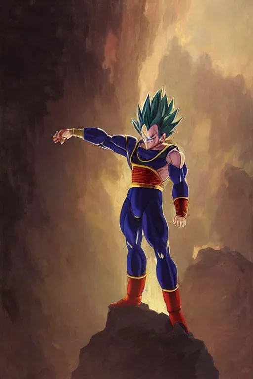 Prompt: a beautiful professional painting of vegeta from dragon ball by louis remy mignot, greg rutkowski, ilya repin, nice lighting, smooth tiny details, soft and clear shadows, low contrast, fashion photograhy, perfect