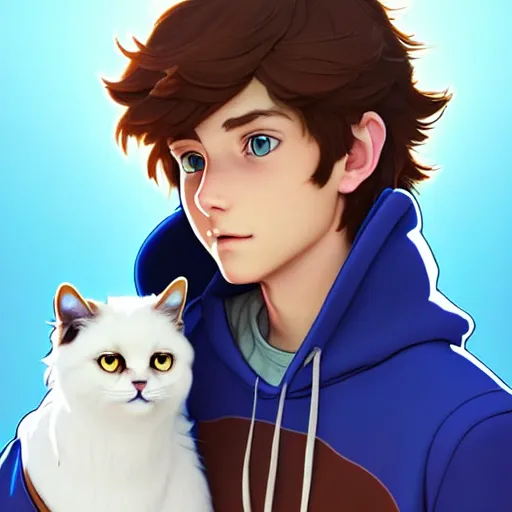 Image similar to teen boy with brown hair and big blue eyes, wearing a hoodie, holding a fluffy white persian cat, natural lighting, path traced, highly detailed, high quality, digital painting, by don bluth and ross tran and studio ghibli and alphonse mucha, artgerm, breath of the wild