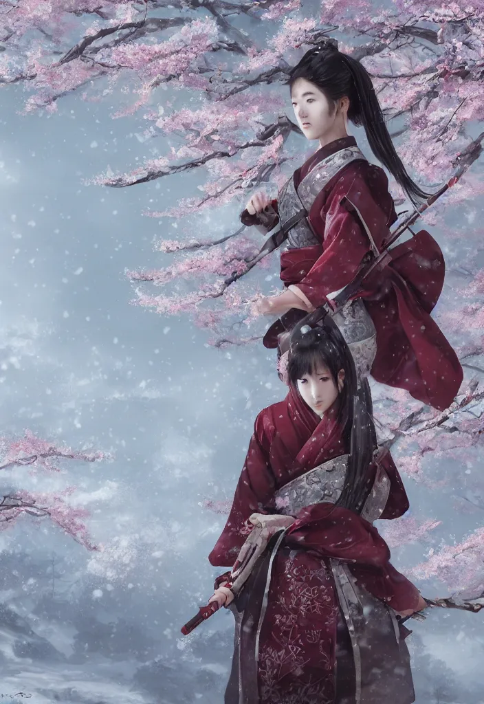 Image similar to detailed matte painting of girl samurai in hakama with swords and rifles, in snow forest sakura cherry blossom, taisho roman, by wlop and krenz kushart, elite, elegant, luxury, perfect face, fine details