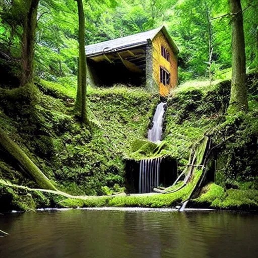 Image similar to abandoned, overgrown, underground bunker, room with waterfall and lake, beautiful, underground