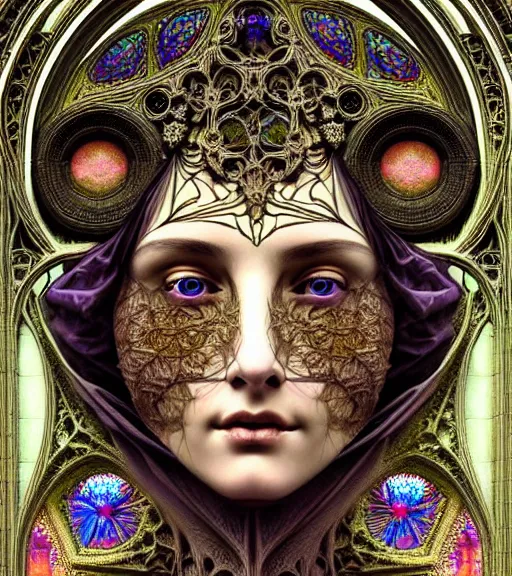Prompt: hyperrealistic detailed face portrait of a beautiful young goddess morphing into a gothic cathedral, authentic ornamental architecture, intricate and highly detailed, awe inspiring art by ernst haeckel, h. r. giger, alphonso mucha, android jones, gothic, neo - gothic, heavily ornamental, nice deep colours,