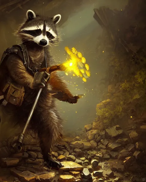 Prompt: oil painting of raccoon mining gold with pickaxe, close shot, full body, dark steampunk mine shaft background, sharp focus, fantasy style, octane render, volumetric lighting, 8k high definition, by greg rutkowski, highly detailed, trending on art Station, dungeons and dragons artwork, centered