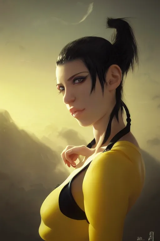 Prompt: black ponytail hair, pale woman in a black unzipped jacket and yellow bikini, yellow eyes, by artgerm, hair tied in a ponytail, black backdrop, masterpiece, beautiful render, matte painting, realistic, dynamic angle, wlop, loish, octane render, sharp focus, decadent, by greg rutkowski makoto shinkai