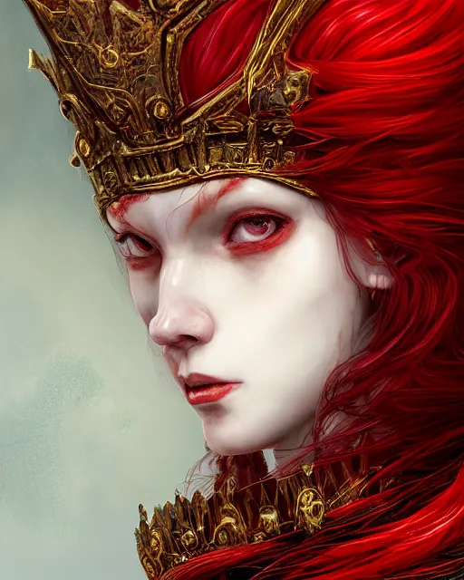 Image similar to redhead queen in heavy red armor, inside an epic gothic castle, baroque, large crown, face with scars, mad grin, intimidating, ominous, high fantasy, intricate detail, digital painting, artstation, concept art, smooth, sharp focus, illustration, art by yoshitaka amano and monia merlo and wlop