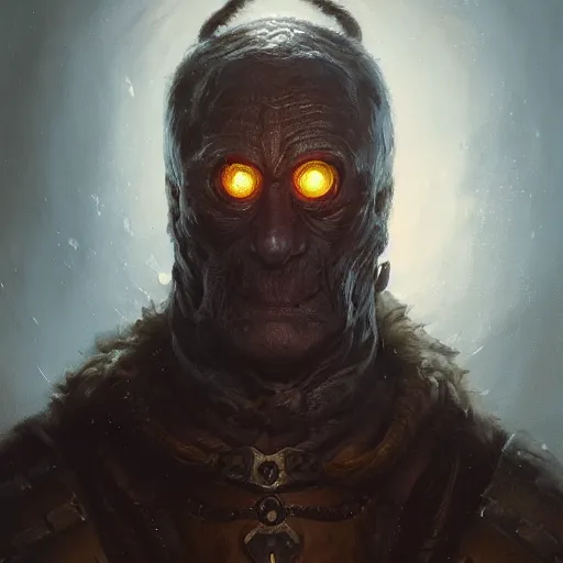 Prompt: a detailed portrait of an slightly old person with glowing eyes dressed with a dark leather armor, by justin gerard and greg rutkowski, digital art, realistic painting, character design, trending on artstation