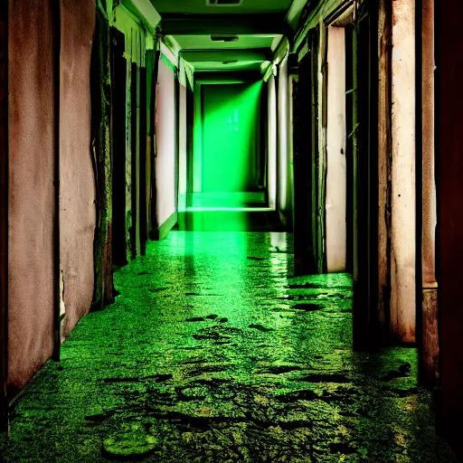 Prompt: a glowing green coffin inside a dilapidated hallway, soft light, cinematic