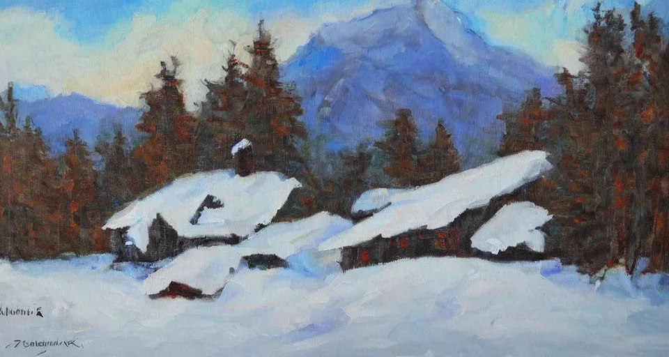 Prompt: mountain cabin snow, glacier,! dream pingernickerninkerpicken the one and only beautiful painting, oil on canvas, by ewa czarniecka, award winning masterpiece,