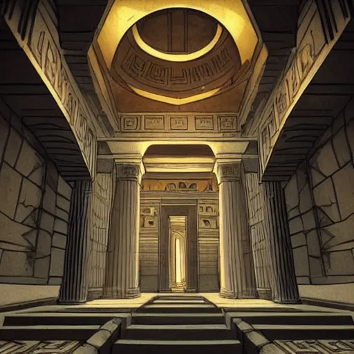 Image similar to Interior of Greek Temple the graphic style of Fiona Staples and Marvel Comics, hyper detailed, trending on artstation, glow, soft, volumetric, intricate, symmetric, Beautiful comic art