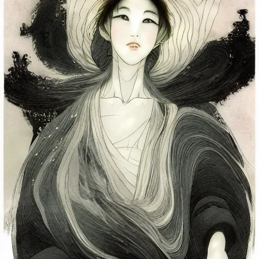Prompt: yoshitaka amano blurred and dreamy realistic illustration of a japanese woman with black eyes, wavy white hair fluttering in the wind wearing cloak and elden ring armor with engraving, abstract patterns in the background, satoshi kon anime, noisy film grain effect, highly detailed, renaissance oil painting, weird portrait angle, blurred lost edges, three quarter view