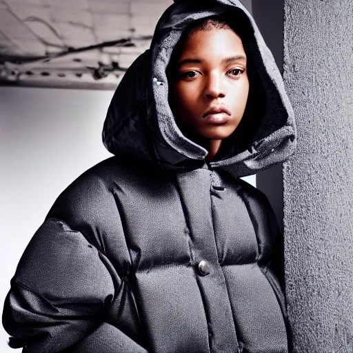 Image similar to realistic photoshooting for a new balenciaga lookbook color film photography close up portrait of a beautiful woman model, model wears a puffer jacket, photo in style of tyler mitchell, ssense