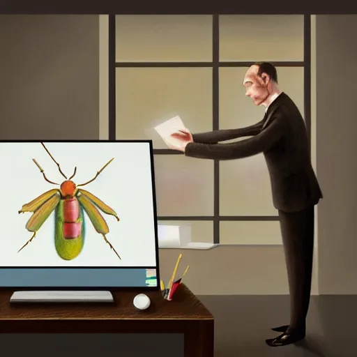 Prompt: a detailed pastel painting of a bug insect wearing a business suit and working behind the computer in the office. digital art, trending on artstation, 8k, hyper realistic in the style of Grant Wood