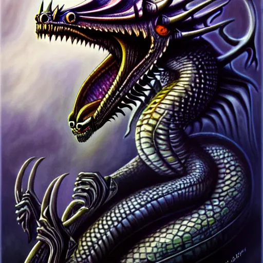 Image similar to Giger portrait of queen dragon, Dragon in dragon lair, HD, full body dragon concept, flying dragon, soft shading, soft colors, relaxed colors, hyperdetailed, wide angle lens, fantasy, futuristic horror, style of giger