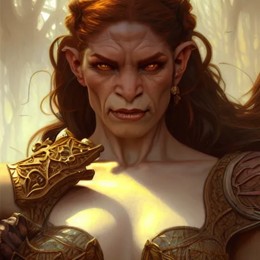 Image similar to Female orc, muscular upper body, D&D, fantasy, intricate, elegant, highly detailed, digital painting, artstation, concept art, smooth, sharp focus, illustration, art by artgerm and greg rutkowski and alphonse mucha