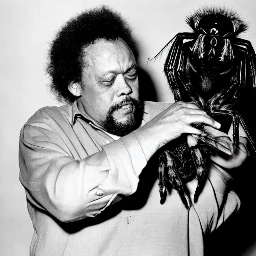 Image similar to charles mingus cradling a big hairy spider, professional photograph