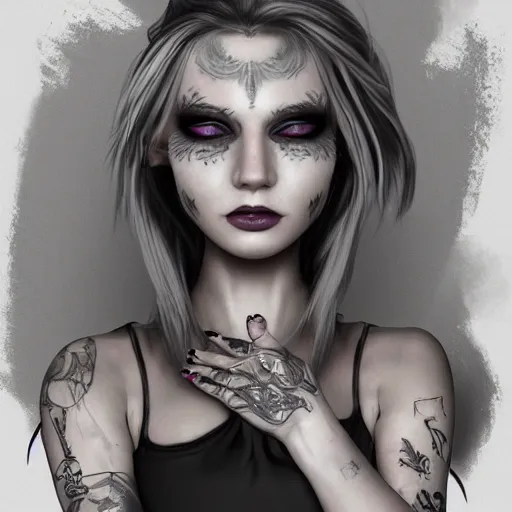 Image similar to Hot young woman, winking, grey skinned, void eyeballs, white hair, tattoos, wearing leather jacket and wifebeater tank top, digital art, concept art, ultra detailed, 4k,