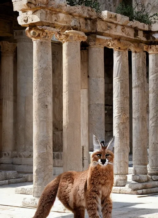 Image similar to hyper realistic fluffy caracal dressed in toga, in ancient greek city, marble columns, temple, olive trees, atmospheric beautiful details, strong composition painted by kim jung giu weta studio rutkowski, james gurney and greg rutkowski, and lucasfilm