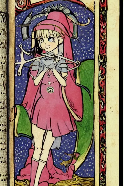 Image similar to magical girl anime madoka magika depicted in a medieval illuminated manuscript bible