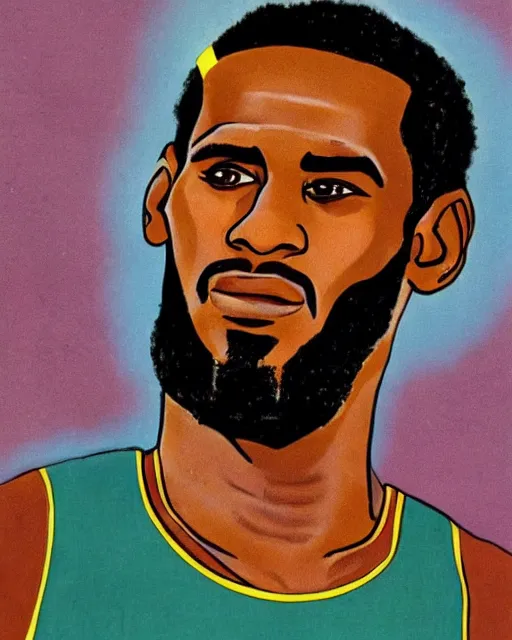 Prompt: a portrait of a 1 9 6 0 s hippie looking like lebron james